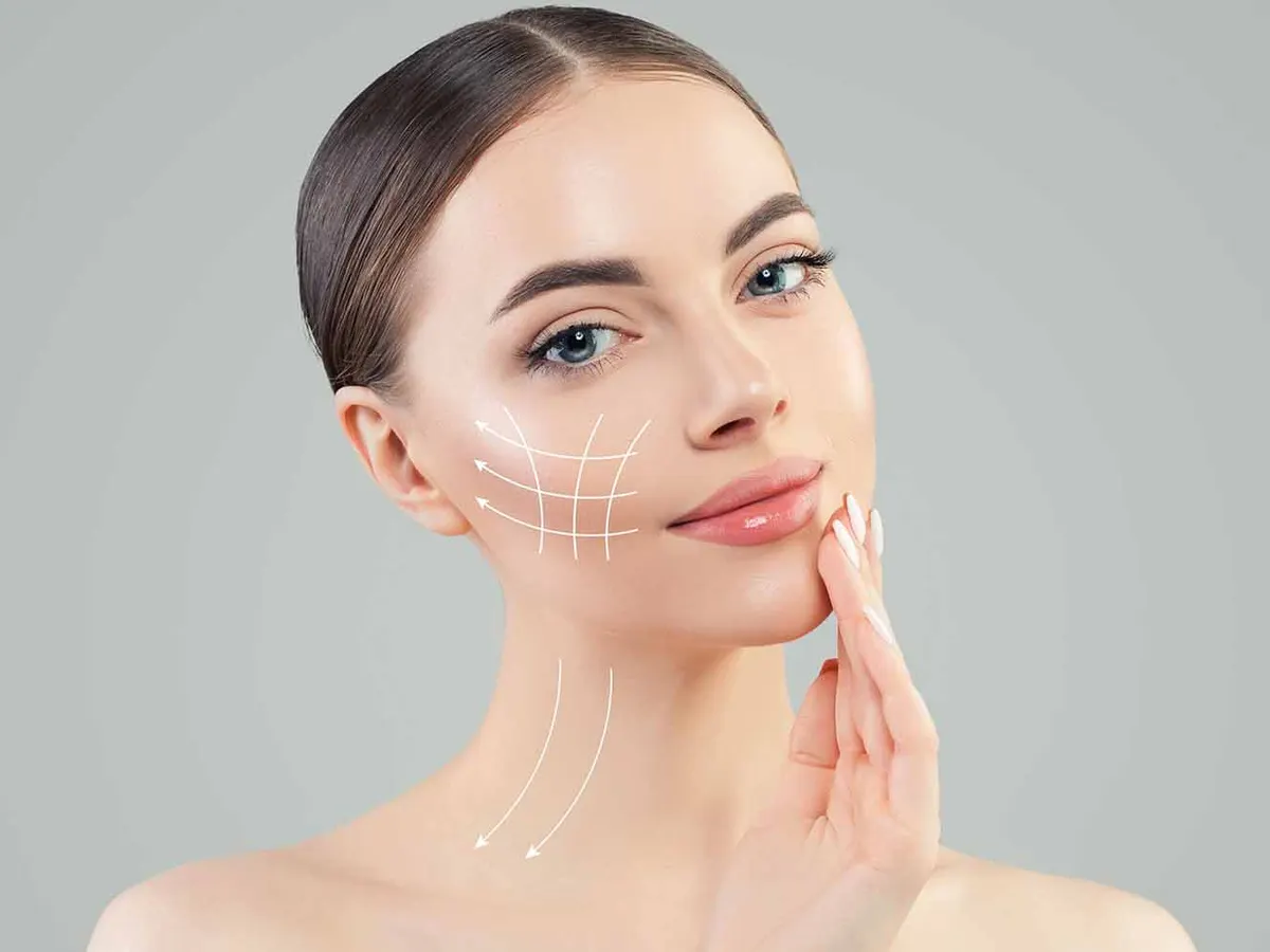 Rosto feminino com marcações de harmonia facial – mentoplastia em Brasília